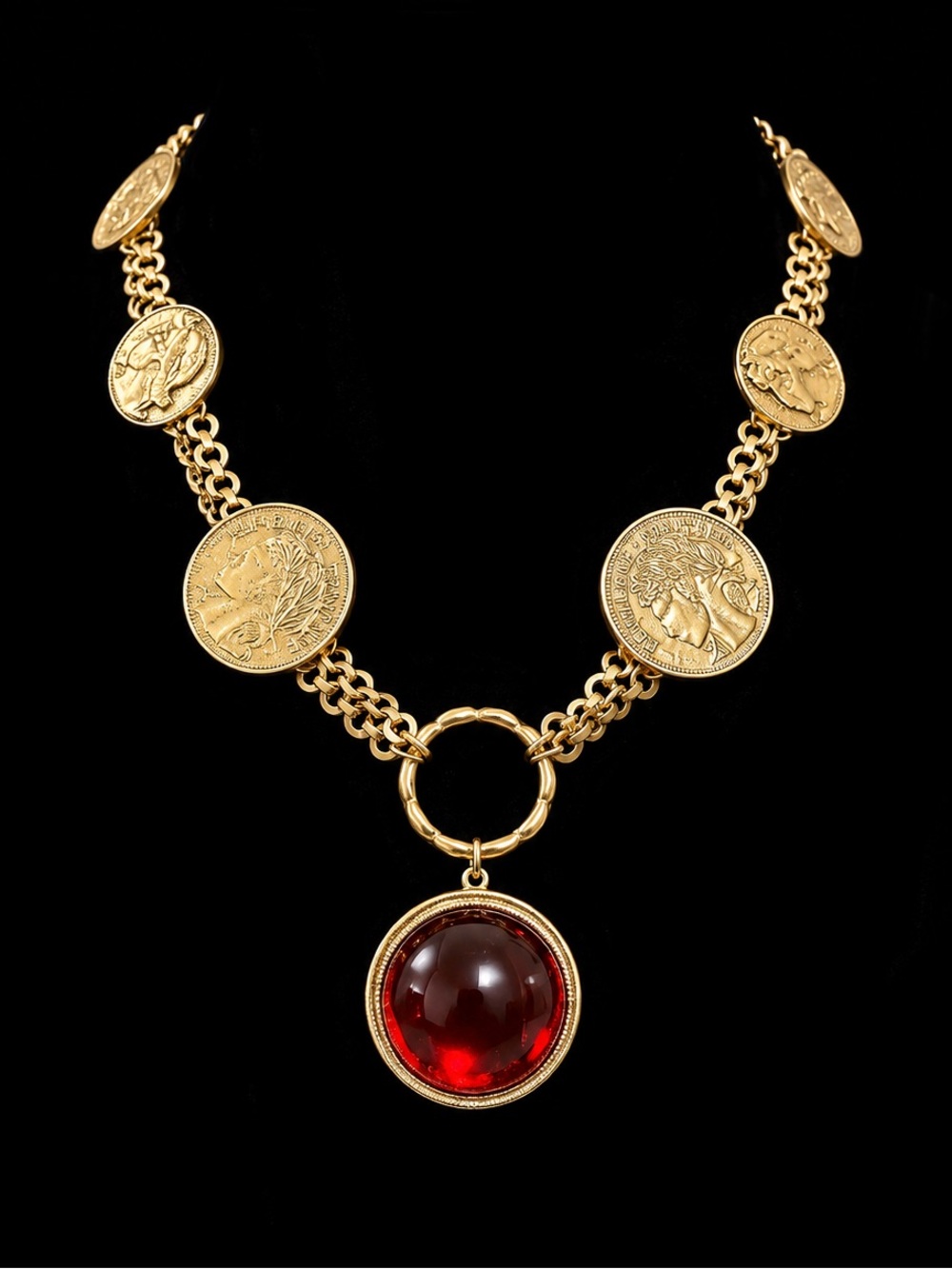 Gold-Tone Coin Necklace with Red Glass Pendant